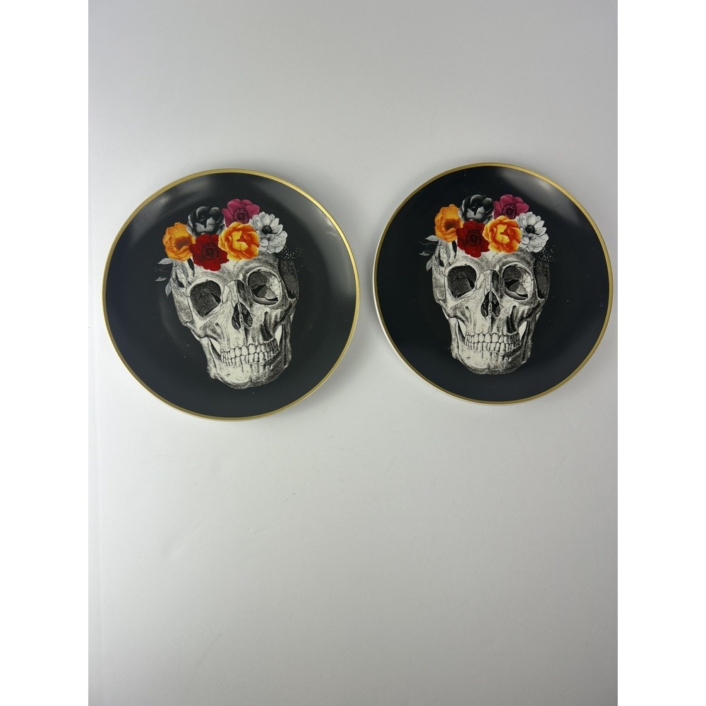 HARVEST GREEN STUDIO HALLOWEEN  SKULL FLOWERS GOLD TRIM DINNER PLATES set of 2